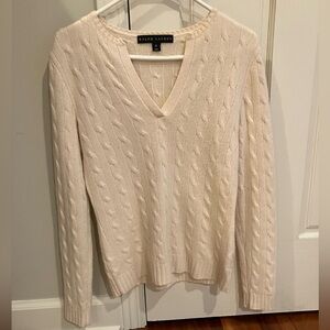Ralph Lauren Black Label Cream Cashmere Cable-Knit V-Neck Pullover
